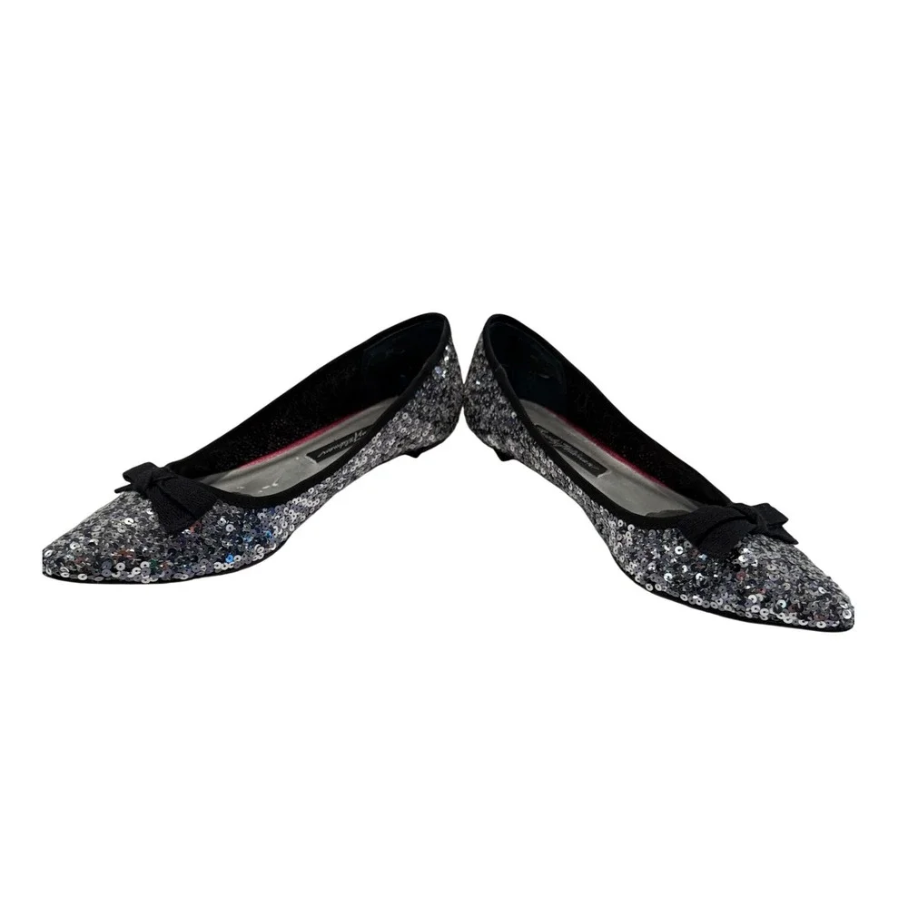 Beverly Feldman Sequin Bow Flats Womens Silver Black‎ Sparkle Pointed Toe Glam